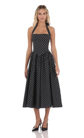 Polka Dot Halter Midi Dress in Black