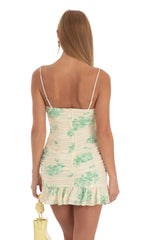 Floral Shimmer Ruched Bodycon Dress in Cream