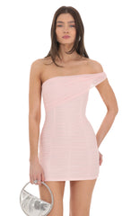 One Off Shoulder Mesh Bodycon Dress in Pink