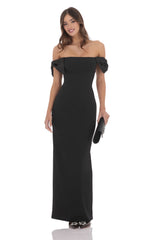 Off Shoulder Bow Sleeve Maxi Dress in Black