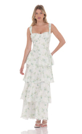 Floral Ruffle Maxi Dress in Pastel Green