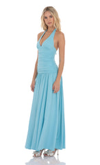 Halter Drop Waist Maxi Dress in Aqua Blue