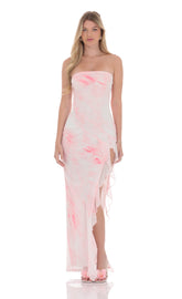Tie Dye Mesh Ruffle Slit Maxi Dress in White