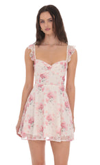 Floral Ruffle Strap A-Line Dress in White