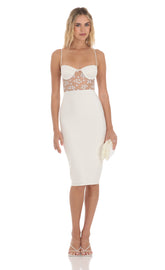 Mesh Floral Shimmer Cutout Midi Dress in Ivory
