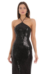 Sequin Halter Maxi Dress in Black