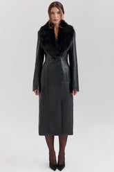 black faux fur trimmed vegan leather coat