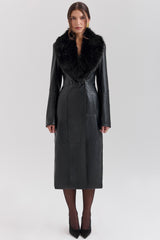 black faux fur trimmed vegan leather coat