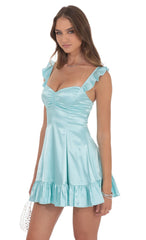Satin Ruffle Fit and Flare Dress in Cyan
