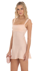 Satin Lace Trim Open Back Dress in Peach