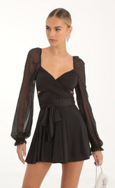 Puff Chiffon Wrap Dress in Black