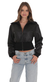Cinched Faux Leather Bomber Jacket in Black