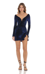 Velvet Ruffle Slit Dress in Navy
