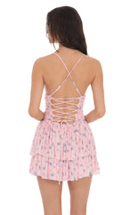 Floral Mesh Tiered Dress in Pink
