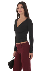 Plunge Cowl Neck Top in Black