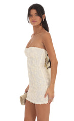 Textured Floral Strapless Dress in Cream Yellow