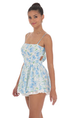 Blue Floral Ruffle Romper in White