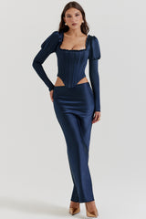 navy satin bias cut maxi skirt