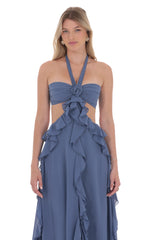 Chiffon Cutout Ruffle Maxi Dress in Blue