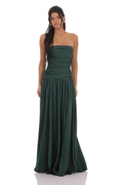 Strapless Drop Waist Maxi Dress in Green