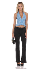 Plaid V-Neck Halter Top in Blue
