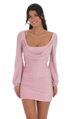 Shimmer Ruched Cowl Neck Dress in Pink