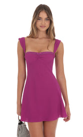 Lace Trim Wide Strap Dress in Magenta Purple