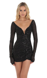 Sequin V-Neck Long Sleeve Dress in Black