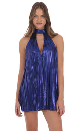 Metallic Pleated Shift Dress in Blue