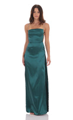 Rhinestone Satin Maxi Dress in Green