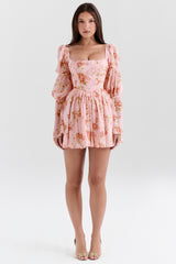 english vintage rose print puff sleeve mini dress