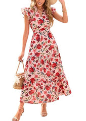 PRETTYGARDEN Women's 2025 Summer Floral Midi Dress Cap Sleeve V Neck Ruffle Long Flowy Boho Casual Beach Vacation Dresses