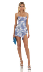 Paisley Ruffle Slit Mini Dress in White