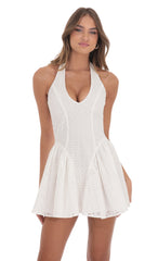 Floral Eyelet Halter Dress in White