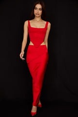 scarlet satin low waist midi skirt