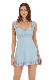 Lace Strap Ruffle Dress in Blue
