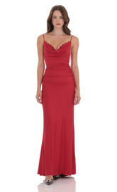 Cowl Neck Mermaid Maxi Dress in Red