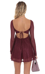 Foil Long Sleeve Babydoll Dress in Burgundy