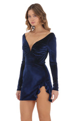 Velvet Ruffle Slit Dress in Navy