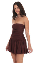 Strapless Ruched Flare Dress in Brown