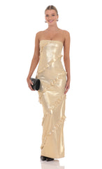 Metallic Ruffle Strapless Maxi Dress in Gold