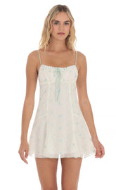 Embroidered Floral Front Tie Dress in White