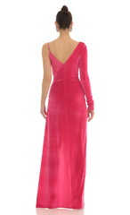 Tomia Asymmetrical Velvet Maxi Dress in Pink