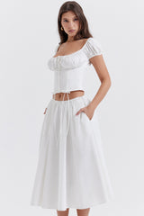 white gathered midi skirt