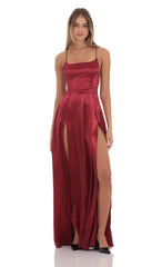 Satin Double Slit Maxi Dress in Deep Red