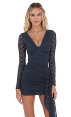 Lace Long Sleeve Tassel Dress in Navy