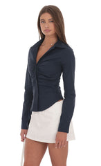 Ruched Button-Up Shirt in Navy