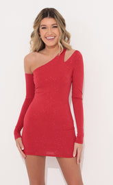 Shimmer Shoulder Cutout Dress in Red