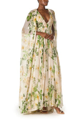 Floral Chiffon Deep V-Neck Gown