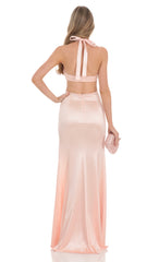 Satin Cutout Maxi Dress in Peach